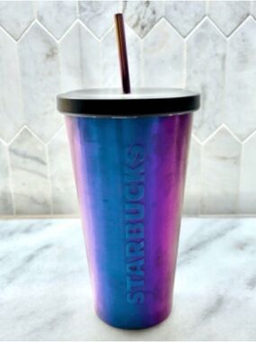 VINTAGE 2014 Metal Starbucks Tumbler Iridescent Purple Blue